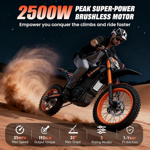 Electric Dirt Bike Motorcycle, 2500W Brushless Motor, 48V 20.8Ah Battery, 35 MPH Max Speed, 34 Miles Range, 3 Riding Modes, 265 lbs Load Capacity,Front Wheel 14 inch Rear Wheel 12 inch in Saudi Arabia