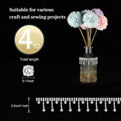 4 Yards Rhinestone Ribbon Chain Rhinestone Fringe Trim Diamond Crystal Fringe Trim Chain Cuttable for Sewing Crafts Wedding Party Clothing Accessories Jewelry Personalized DIY Decoration, Silver in Saudi Arabia
