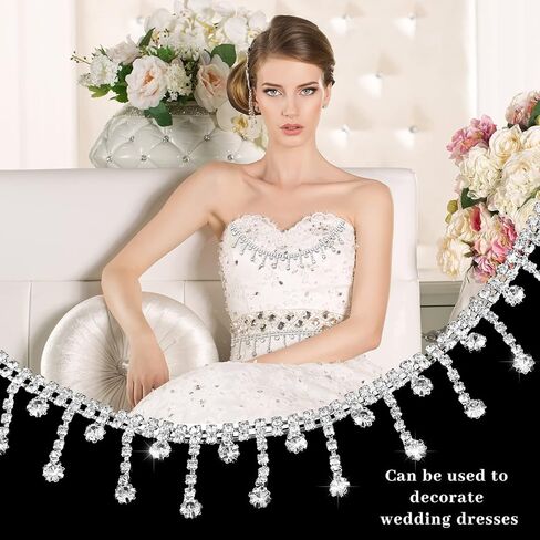 4 Yards Rhinestone Ribbon Chain Rhinestone Fringe Trim Diamond Crystal Fringe Trim Chain Cuttable for Sewing Crafts Wedding Party Clothing Accessories Jewelry Personalized DIY Decoration, Silver in Saudi Arabia