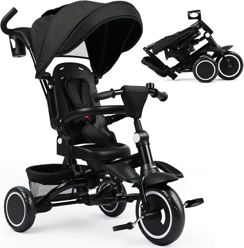 Folding Kids Tricycle, 8 in 1 Toddler Trike W/Removable & 1 Step Brake, Adjustable Canopy, Parent Handle, 5-Piont Harness, Toddler Bike Tricycle for Kids 1-6 Years, Storage Basket, Black in Kuwait