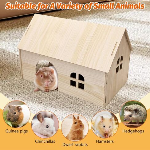 Fhiny Wooden Guinea Pig Hideout, 15.2 x 9.1 x 9.8 inch Large Guinea Pig House with Entrances and Windows Detachable Small Animal House for Bunnies Dwarf Rabbits Chinchillas Hedgehogs to Rest and Hide in Saudi Arabia