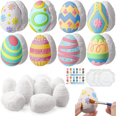 Zubebe 24 Pcs Easter Eggs DIY Kit with 12 Colors Paint Brush and Palette 3D Ready to Paint Your Own Easter Craft Statues Ceramic Egg for Basket Stuffers Spring Party Decorations (8 Designs) in Saudi Arabia