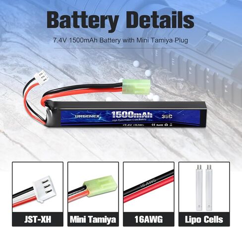 URGENEX Airsoft Battery 7.4V 1500mAh 35C High Discharge Rate Lipo Battery Pack with Mini Tamiya Plug Rechargeable 3S Lipo with 1TO2 USB Charger Fit for Airsoft Model Guns in Kuwait