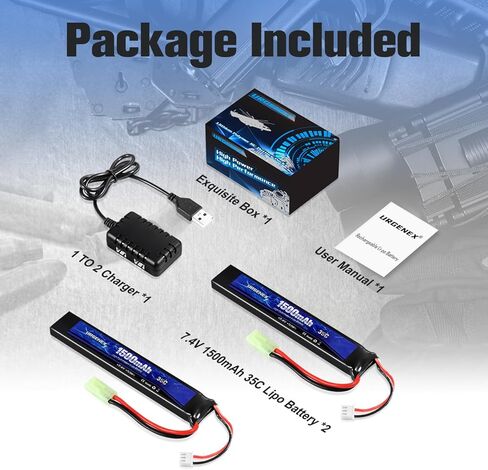 URGENEX Airsoft Battery 7.4V 1500mAh 35C High Discharge Rate Lipo Battery Pack with Mini Tamiya Plug Rechargeable 3S Lipo with 1TO2 USB Charger Fit for Airsoft Model Guns in Kuwait