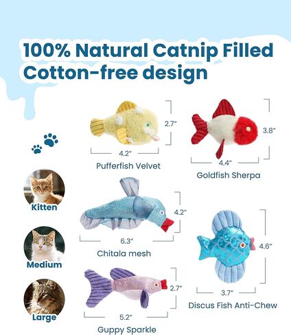 Nocciola Catnip Toys, 5 Pack Cat Toys for Indoor Cats with 100% Natural Catnip, Cotton-Free Kitten Toys in Assorted Colors, Soft Surface, Teething, Chewing & Kicker Floppy Fish Cat Toys in Saudi Arabia