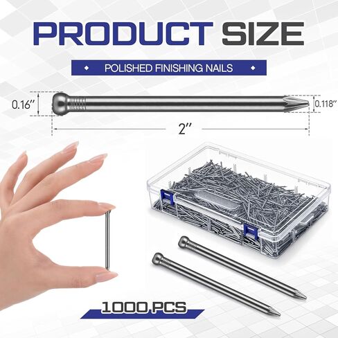 1000 قطعة من المسامير المصقولة من الفولاذ الكربوني مقاس 2 بوصة مع صندوق تخزين، وأظافر ذات لمسة نهائية لامعة للأجهزة، لتعليق الصور على الحائط وإطار خشبي، والأسقف والجص والخرسانة DIY، 2 × 0.16 × 0.12 بوصة in Kuwait