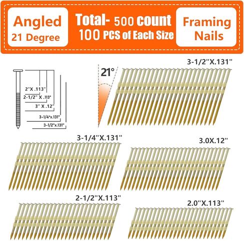 21 Degree Framing Nails 500 Count, 3-1/2-Inch x .131" Ring Shank, Full Round Head EG Galvanized, for Pneumatic Electric 20 to 22 Degree Framing Nailer in Saudi Arabia