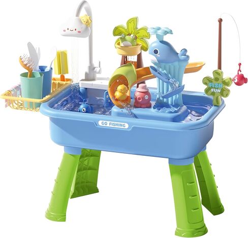 Water Table Toys for Toddlers 3+ - 43 PCS Summer Outdoor Games Sensory Toys for Boys Girls Birthday Gifts, Sand Beach Playset with Electric Water Pump & Fishing Toy & Kitchen Play Sink Toy, Yellow in Saudi Arabia