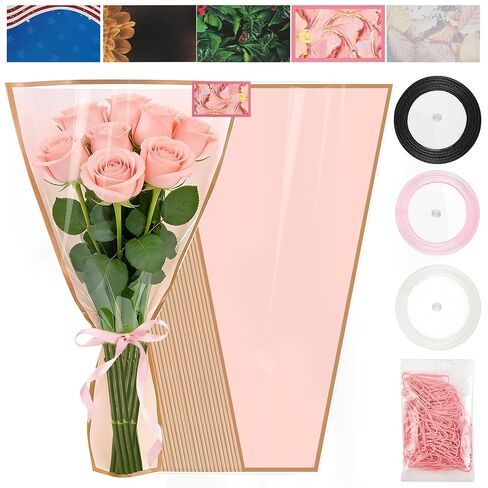 25 Sheets 18" x 11" Pink Flower Bouquet Wrapping Bags Plastic Paper Sleeves, Total 133Pcs RibbonsX3 Greeting CardsX25 Paper ClipsX80 Floral Bouquets Bag Ideal for Flowers Bar Graduation Wedding in Saudi Arabia