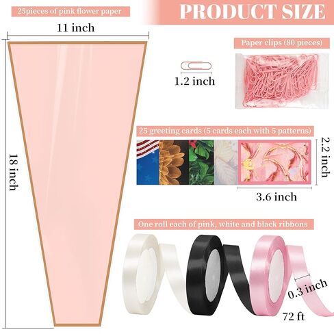 25 Sheets 18" x 11" Pink Flower Bouquet Wrapping Bags Plastic Paper Sleeves, Total 133Pcs RibbonsX3 Greeting CardsX25 Paper ClipsX80 Floral Bouquets Bag Ideal for Flowers Bar Graduation Wedding in Saudi Arabia