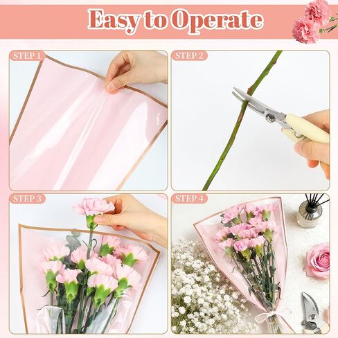 25 Sheets 18" x 11" Pink Flower Bouquet Wrapping Bags Plastic Paper Sleeves, Total 133Pcs RibbonsX3 Greeting CardsX25 Paper ClipsX80 Floral Bouquets Bag Ideal for Flowers Bar Graduation Wedding in Saudi Arabia