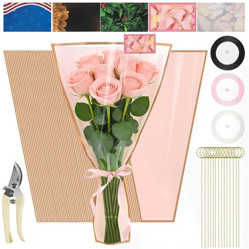 25 Sheets 18" x 11" Pink Flower Bouquet Wrapping Bags Plastic Paper Sleeves, Total 133Pcs RibbonsX3 Greeting CardsX25 Paper ClipsX80 Floral Bouquets Bag Ideal for Flowers Bar Graduation Wedding in Saudi Arabia