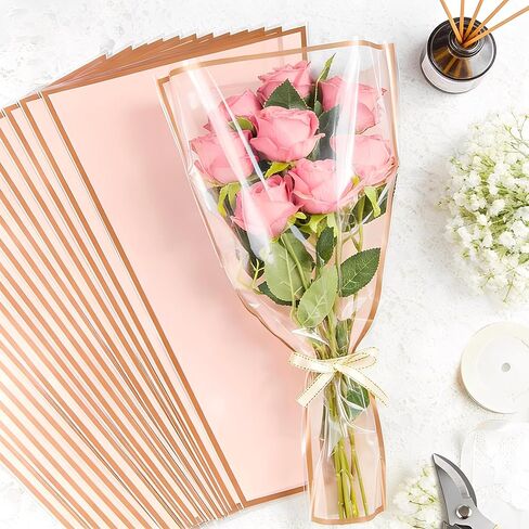 25 Sheets 18" x 11" Pink Flower Bouquet Wrapping Bags Plastic Paper Sleeves, Total 133Pcs RibbonsX3 Greeting CardsX25 Paper ClipsX80 Floral Bouquets Bag Ideal for Flowers Bar Graduation Wedding in Saudi Arabia