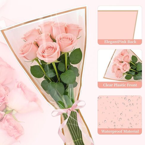 25 Sheets 18" x 11" Pink Flower Bouquet Wrapping Bags Plastic Paper Sleeves, Total 133Pcs RibbonsX3 Greeting CardsX25 Paper ClipsX80 Floral Bouquets Bag Ideal for Flowers Bar Graduation Wedding in Saudi Arabia