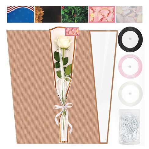 25 Sheets 18" x 11" Pink Flower Bouquet Wrapping Bags Plastic Paper Sleeves, Total 133Pcs RibbonsX3 Greeting CardsX25 Paper ClipsX80 Floral Bouquets Bag Ideal for Flowers Bar Graduation Wedding in Saudi Arabia