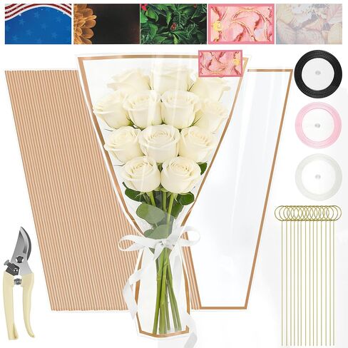 25 Sheets 18" x 11" Pink Flower Bouquet Wrapping Bags Plastic Paper Sleeves, Total 133Pcs RibbonsX3 Greeting CardsX25 Paper ClipsX80 Floral Bouquets Bag Ideal for Flowers Bar Graduation Wedding in Saudi Arabia