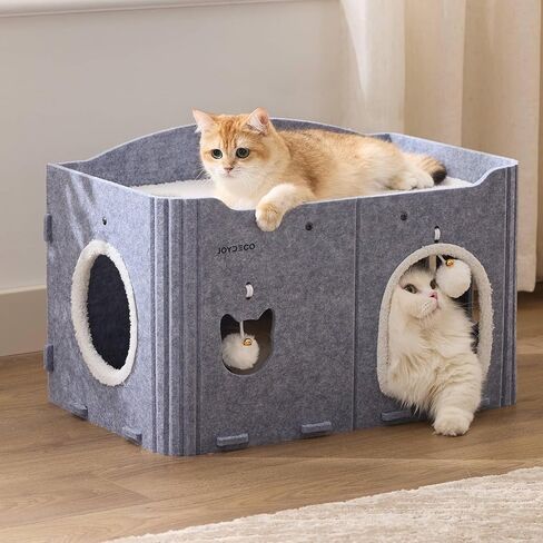 Joydeco Cat House for Indoor Cats, Extra Wide Scratch Resistant Felt Cat Condo, Hideaway Pet Cave Bed with Fluffy Ball and Tunnel for Kitten, Small Dogs, Rabbits, 22.4 x 13.7 x 14.9, Grey in Saudi Arabia