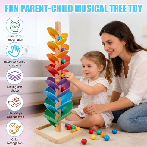 Wooden Marble Run Music Tree for Kids Ages 3+ - Upgraded Easy Assembly with Built-in Nuts, Montessori Toys for Toddlers, Color Sorting Marble Ball Run & Musical Game for Boys Girls 4-8 in Saudi Arabia