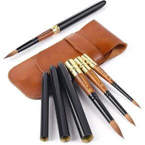 Sable Travel Watercolor Brushes, Fuumuui 4pcs Elegant Kolinsky Sable Travel Brushes Travel Watercolor Kit with Leather Pouch Perfect for Watercolor Gouache Ink Painting in Kuwait