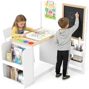 مجموعة طاولة وكرسي فنية للأطفال 3 في 1 من Frogprin، طاولة حامل للأطفال، مكتب أنشطة خشبية للأطفال الصغار واللعب مع حامل مغناطيسي قابل للتعديل على الوجهين، لفة ورق، صندوق تخزين، أرفف كتب in Kuwait