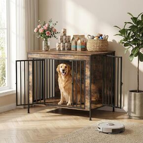 Dog Crate Furniture 40" Sturdy Heavy Duty Dog Kennel Solid Metal Tube Thick Wooden with 2 Lockable Doors Single Dog Cage Large Breed as TV Stand End Table for Large Dog Rustic Brown in Saudi Arabia