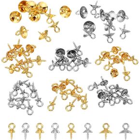 PATIKIL 4mm/5mm/6mm/8mm Cup Pearl Screw Eye Pin Peg Pendant, 80 Pcs Eye Pin Pegs with Cap for Earrings Half Drilled Beads Making, Gold&Silver in Kuwait
