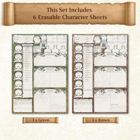DND Character Sheets with Hand Drawn Artwork. Wet Erase Plastic Sheets Compatible with Dungeons and Dragons 5e & 2024 Player’s Handbook. Set of 6 (Green & Brown). in Saudi Arabia