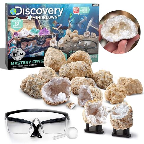 مجموعة الجيود Discovery™ Crack-Open - مجموعة علوم العلوم والتكنولوجيا والهندسة والرياضيات الغامضة | 10 جيود كوارتز طبيعي | نظارات الأطفال والعدسة المكبرة وحوامل العرض | لعبة نشاط حفر الصخور| هدية التجربة التعليمية in Kuwait