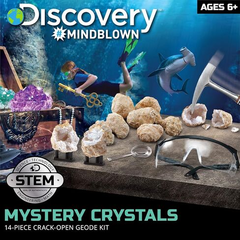 مجموعة الجيود Discovery™ Crack-Open - مجموعة علوم العلوم والتكنولوجيا والهندسة والرياضيات الغامضة | 10 جيود كوارتز طبيعي | نظارات الأطفال والعدسة المكبرة وحوامل العرض | لعبة نشاط حفر الصخور| هدية التجربة التعليمية in Kuwait