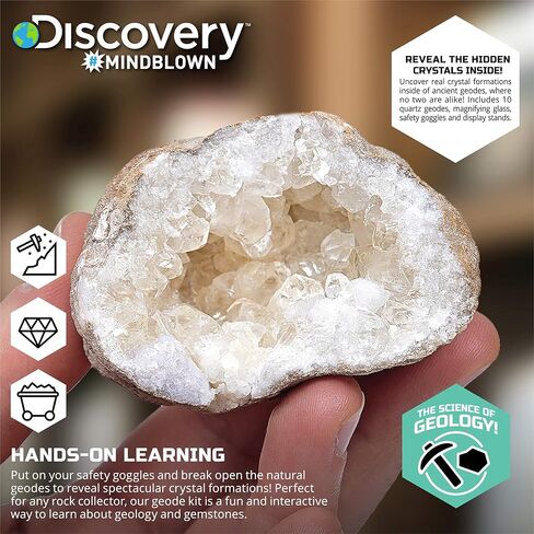 مجموعة الجيود Discovery™ Crack-Open - مجموعة علوم العلوم والتكنولوجيا والهندسة والرياضيات الغامضة | 10 جيود كوارتز طبيعي | نظارات الأطفال والعدسة المكبرة وحوامل العرض | لعبة نشاط حفر الصخور| هدية التجربة التعليمية in Kuwait