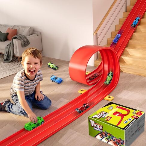 مجموعة ألعاب مسار السباق المرنة ذات 3 حارات - مضمار سباق بطول 16.4 قدمًا مع أكواب شفط قوية، مسار سيارة محمول قابل للطي للأطفال متوافق مع سيارات دييكاست 1/64 in Kuwait