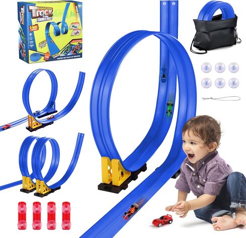 مسار سيارة سباق مرن للأطفال - لعبة مسار سباق بطول 15 قدمًا مع أكواب شفط، مسار سباق محمول قابل للطي متوافق مع سيارات دييكاست 1/64، عيد الميلاد للأولاد والبنات من عمر 3 سنوات فما فوق in Kuwait