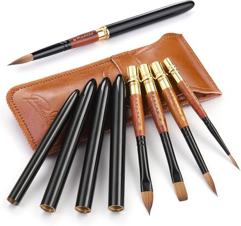 Sable Travel Watercolor Brushes, Fuumuui 4pcs Elegant Sable Travel Brushes Travel Watercolor Kit with Leather Pouch Perfect for Watercolor Gouache Ink Painting in Kuwait