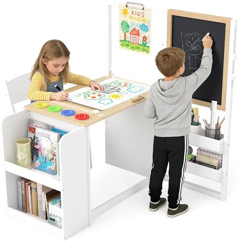 Frogprin 3 in 1 Kids Art Table and Chair Set, Easel Table for Kids, Toddler Craft and Play Wood Activity Desk with Adjustable Double-Sided Magnetic Easel, Paper Roll, Storage Box, Book Shelves in Kuwait