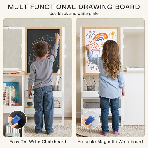 Frogprin 3 in 1 Kids Art Table and Chair Set, Easel Table for Kids, Toddler Craft and Play Wood Activity Desk with Adjustable Double-Sided Magnetic Easel, Paper Roll, Storage Box, Book Shelves in Kuwait