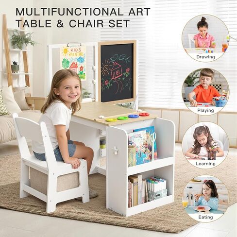 Frogprin 3 in 1 Kids Art Table and Chair Set, Easel Table for Kids, Toddler Craft and Play Wood Activity Desk with Adjustable Double-Sided Magnetic Easel, Paper Roll, Storage Box, Book Shelves in Kuwait