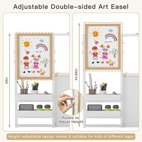 Frogprin 3 in 1 Kids Art Table and Chair Set, Easel Table for Kids, Toddler Craft and Play Wood Activity Desk with Adjustable Double-Sided Magnetic Easel, Paper Roll, Storage Box, Book Shelves in Kuwait