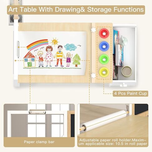 Frogprin 3 in 1 Kids Art Table and Chair Set, Easel Table for Kids, Toddler Craft and Play Wood Activity Desk with Adjustable Double-Sided Magnetic Easel, Paper Roll, Storage Box, Book Shelves in Kuwait