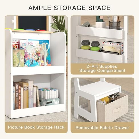 Frogprin 3 in 1 Kids Art Table and Chair Set, Easel Table for Kids, Toddler Craft and Play Wood Activity Desk with Adjustable Double-Sided Magnetic Easel, Paper Roll, Storage Box, Book Shelves in Kuwait