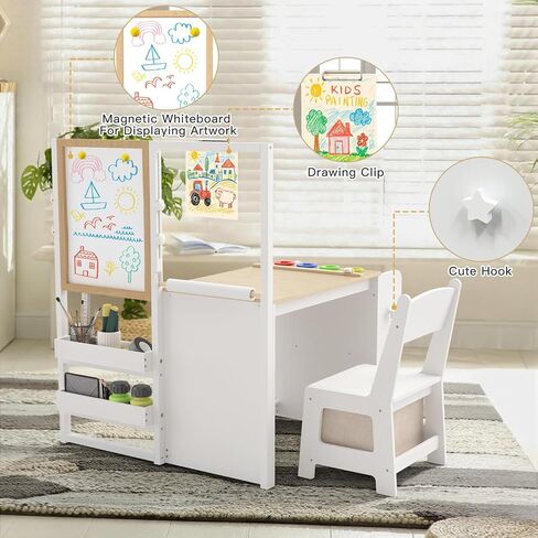 Frogprin 3 in 1 Kids Art Table and Chair Set, Easel Table for Kids, Toddler Craft and Play Wood Activity Desk with Adjustable Double-Sided Magnetic Easel, Paper Roll, Storage Box, Book Shelves in Kuwait