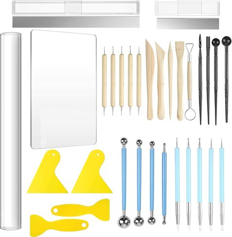 Allazone 31 PCS Acrylic Clay Roller with Acrylic Sheet, Acrylic Sheet Backing Board, Plastic Scraper, Sculpting Tools, Dabbing Tool, Dot Painting Tool for Shaping and Sculpting in Saudi Arabia