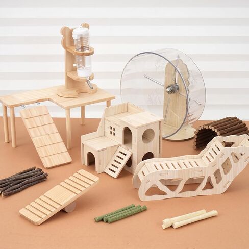 Hamster Toys Complete Set - Noiseless Silent Exercise Wheel, Maze Wood House, Stand, Chew Toys & Water Bottle Cage Accessories for Hamster, Rat, Mice Small Animal Habitat in Saudi Arabia