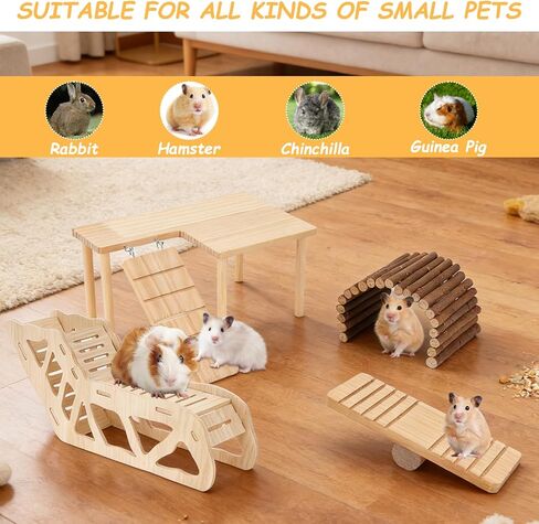 Hamster Toys Complete Set - Noiseless Silent Exercise Wheel, Maze Wood House, Stand, Chew Toys & Water Bottle Cage Accessories for Hamster, Rat, Mice Small Animal Habitat in Saudi Arabia