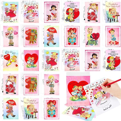 Tenceur 28 Pcs Valentine Pre Printed Coloring Cards 5 x 7 Inch Pre Painting Card Classroom Valentine Exchange Gifts Prizes Party Favors Supplies(Romantic Style) in Saudi Arabia