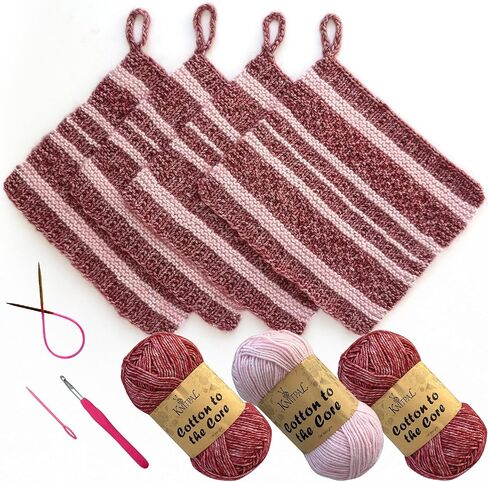 مجموعة KnitPal Everyday Joy Knitting Kit - اصنع 4 مناشف أطباق قابلة لإعادة الاستخدام للمبتدئين الواثقين - غزل من القطن حتى القلب (#3 DK)، والإبر والأنماط وبرامج تعليمية بالفيديو (جين بلو + أزرق سماوي) in Kuwait
