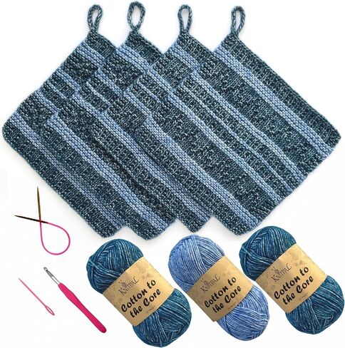 KnitPal Dishcloth Knitting Kit for Beginners (Jean Blue + Sky Blue) in Kuwait
