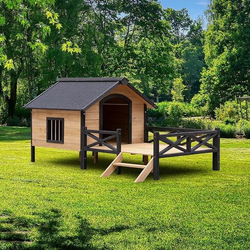 gdfstudio بيت الكلب كبير في الهواء الطلق مانعة لتسرب الماء مع سطح الشرفة، بيت الكلب الخشبي للكلاب XL خارج، كبير جدا مرتفعة المقصورة الكلب المأوى، التنوب بيوت الكلاب الخشب، 66.9 "ث × 43.3" د × 32.7 "ح، العسل in Kuwait