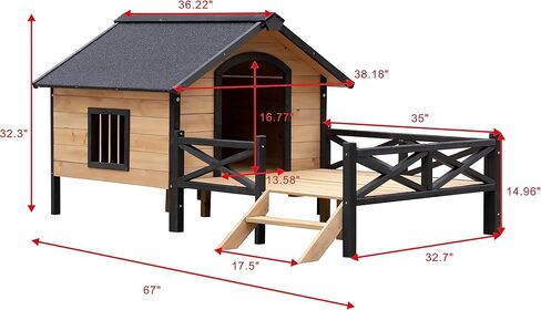 gdfstudio بيت الكلب كبير في الهواء الطلق مانعة لتسرب الماء مع سطح الشرفة، بيت الكلب الخشبي للكلاب XL خارج، كبير جدا مرتفعة المقصورة الكلب المأوى، التنوب بيوت الكلاب الخشب، 66.9 "ث × 43.3" د × 32.7 "ح، العسل in Kuwait