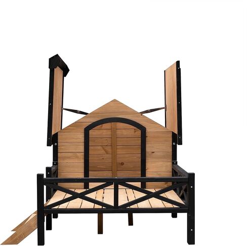 gdfstudio بيت الكلب كبير في الهواء الطلق مانعة لتسرب الماء مع سطح الشرفة، بيت الكلب الخشبي للكلاب XL خارج، كبير جدا مرتفعة المقصورة الكلب المأوى، التنوب بيوت الكلاب الخشب، 66.9 "ث × 43.3" د × 32.7 "ح، العسل in Kuwait