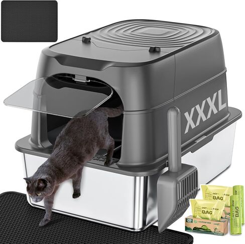 XXXL Jumbo Stainless Steel Litter Box with Lid, 26" L x 18" W x 17" H Extra Large Stainless Steel Litter Box, 400 Count Cat Poop Bags + Cat Litter Mat,Non-Sticky, Anti-Leakage, Easy to Clean in Saudi Arabia